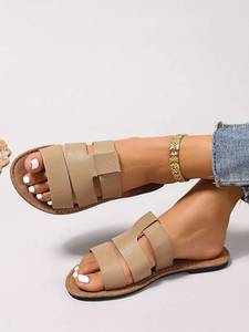 Sandalias Planas Glamour Color Albaricoque con Tira Ancha y Adornos de Pedrería, Parte Superior de Tela, Modernas, Cómodas y Transpirables para Primavera/Verano - Product Image 5