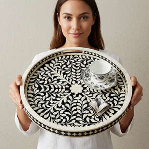 Plateau de service artisanal en métal avec incrustations en os de qualité supérieure pour anniversaire, cuisine, table à manger, bonbons, fruits secs - Design Art Déco - Product Image 1