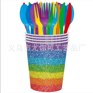 Ensemble de vaisselle jetable colorée à paillettes pour fête d'anniversaire, assiettes rondes en papier, gobelets, serviettes avec motif arc-en-ciel - Product Image 5