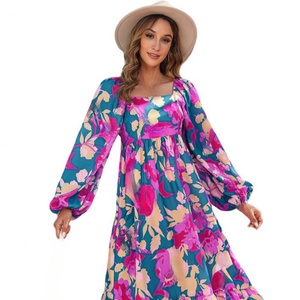 Retro Multi-color Printed square Neck Women's <b>Dress</b> Casual Versatile Women's <b>Dress</b> - Product Image 4