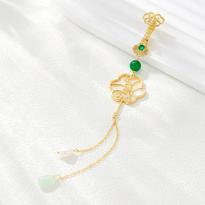 Flower Shape Zinc Alloy Brooch With Green Gem And Tassel Pendant For Hanfu Accessories Gift - Product Image 1