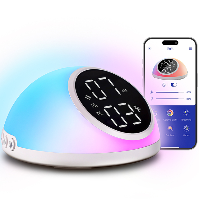 KENUO Hotel Bedroom Desk Clock App Control White Noise Machine Small Wake up Light Sunrise Smart Digital Alarm Clock