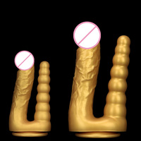 Vente en gros usine Godemiché double extrémité en silicone doré en forme de U, à double tête, avec ventouse, 100% étanche, extra-long, surdimensionné, pour lesbiennes