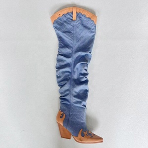 Pointy Toe Cow Print Design High Chunky Heel Boots Loose Leisure Over Knee High Booties Women Patchwork Denim <b>Shoes</b> Mixed Color - Product Image 4