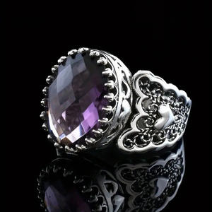 Anello Cocktail Vintage A156 con Fiore in Argento 925 e Ametista, Montatura a Castone, Anello Raffinato da Donna per Uso Quotidiano - Product Image 2