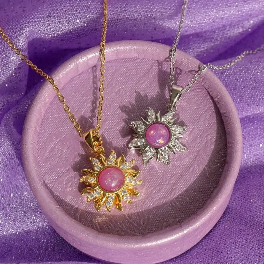Vintage INS Real gold Plating Brass Fake Pink Purple Opal Gemstone CZ Star Sun Shape Pendant Necklace Fashion