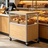 Présentoir mobile en aluminium, contreplaqué et acrylique pour boulangerie et snacks, avec roulettes