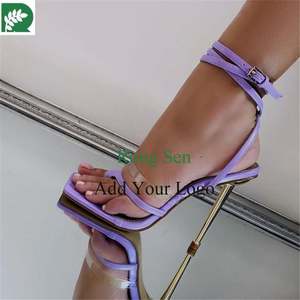 Tendance été grande taille dent talon haut sangle croisée bout carré violet talons aiguilles sandales pour femmes - Product Image 1