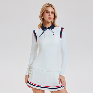 Abbigliamento da <span class=keywords><strong>Tennis</strong></span> Sportivo con Colletto a Risvolto e Mezza Cerniera, <span class=keywords><strong>Magliette</strong></span> a Maniche Lunghe da Donna per Yoga e Golf con Fiocco - Product Image 4