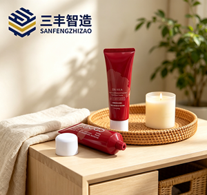 Tube cosmétique rouge à presser avec capuchon blanc pour crème pour les mains - Product Image 3