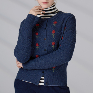 Knitwear Manufacturers OEM 100% Wool Sweater Knitted Women Cardigan with Embroidered <b>Flowers</b> - Product Image 5
