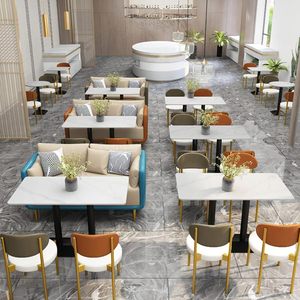 เฟอร์นิเจอร์ร้านอาหารใหม่ ชุดโต๊ะและเก้าอี้คาเฟ่ ชุดเฟอร์นิเจอร์หินอ่อน โต๊ะร้านอาหารสแตนเลส - Product Image 2