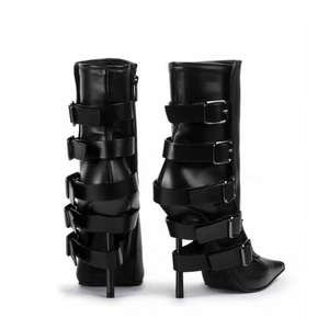 Big Size 46 Women's Back Metal Buckles Short Boots Slim High-Heeled <b>Pointed</b> Toe Ankle Booties Straight Upper Side Zipper Shoes - Product Image 3
