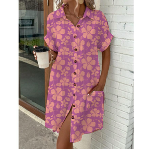 Personalizado Estilo <span class=keywords><strong>Hawaiano</strong></span> Tropical Floral impreso rayón Turn Down Collar manga caída camisa <span class=keywords><strong>vestido</strong></span> con bolsillos laterales <span class=keywords><strong>vestido</strong></span> de <span class=keywords><strong>mujer</strong></span> - Product Image 3