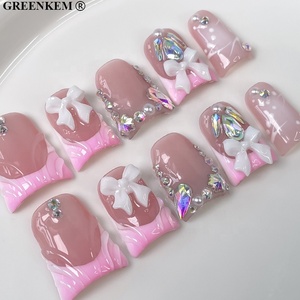 10 Uds forma de pico de pato prensa corta en puntas Icy Blush <span class=keywords><strong>manicura</strong></span> <span class=keywords><strong>francesa</strong></span> <span class=keywords><strong>con</strong></span> acentos de lazo dulce uñas postizas rosas hechas a mano - Product Image 3