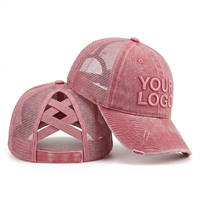 Casquette de baseball SHINY Premium en coton lavé avec logo personnalisé, style croisé pour queue de cheval, pour femme, avec maille respirante et effet chignon désordonné vieilli