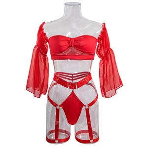 Lencería Erótica Roja de Malla Transparente con Liguero y Tanga, Top de Tubo, Disfraces Sexys - Product Image 6
