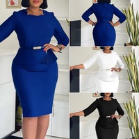 Robes de travail tendance D3312 pour femmes, élégantes et décontractées, à manches trois quarts, col rond, coupe ajustée, pour le bureau, avec ceinture.