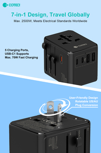 Adaptador de Viaje Mundial COTECi OEM ODM 70W GaN <span class=keywords><strong>3</strong></span> Tomas de Corriente Alterna, <span class=keywords><strong>3</strong></span> Salidas, 2 USB, <span class=keywords><strong>3</strong></span> Puertos Tipo-C, Adaptador de Enchufe Universal - Product Image 4