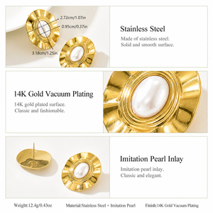 Boucles d'oreilles ovales en perles imitation, acier inoxydable plaqué or 14 carats sous vide - Product Image 4