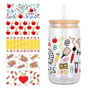 Back to school Pattern Printed Waterproof UV DTF Transfers Stickers 16oz wraps for glass jars decals For DIY Glass Ceramic cup S