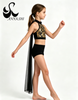 Costume de danse pour enfants noir et or à paillettes, haut court à bretelles avec longue ceinture en maille, short taille haute, tenue de danse 2 pièces
