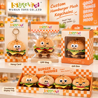 Porte-clés en peluche hamburger prêt à la vente, emballage personnalisé, carte suspendue, boîte cadeau, présentoir de comptoir, marque privée, vente en gros