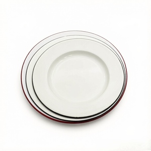 Assiette en émail vintage, bord bleu classique, <span class=keywords><strong>plat</strong></span> de dîner blanc pour le camping en plein air, le glamping, assiette en métal rétro, non toxique, saine - Product Image 1
