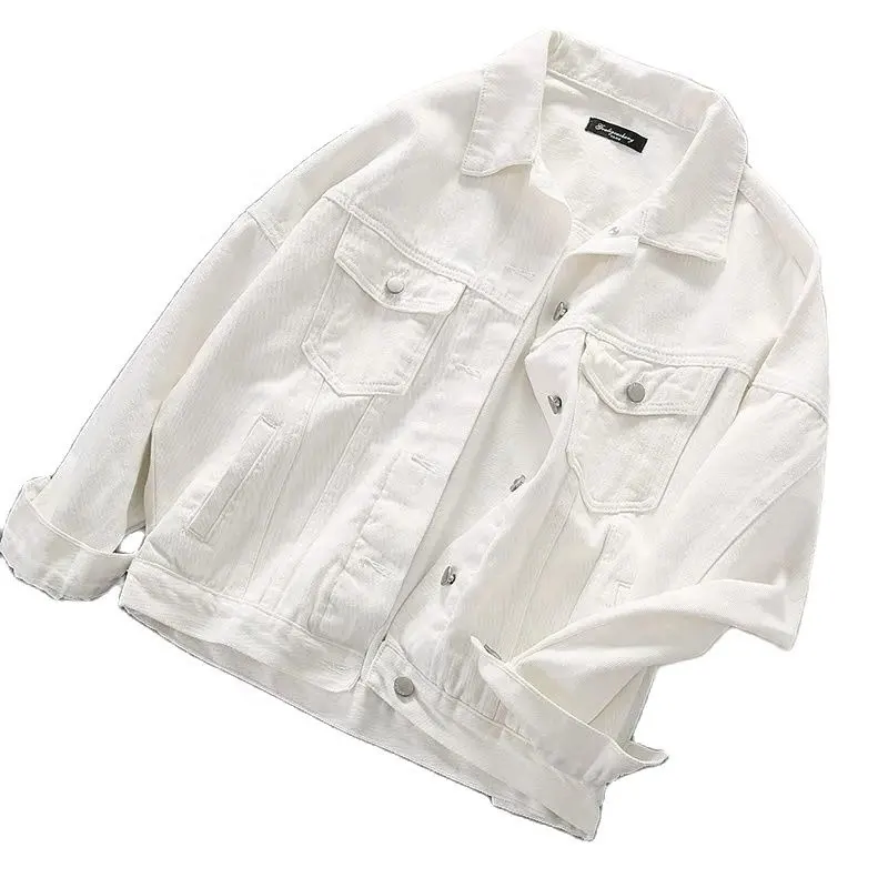 ホワイトデニムジャケットレディース2022年秋コート新しいラージサイズファッション無地ルーズオールマッチラペル黒人女性服