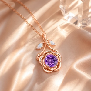 Pendentif en argent sterling 925 plaqué or rose, motif fleur, avec améthyste naturelle et opale blanche, feuilles romantiques, bijoux floraux pour femmes - Product Image 2