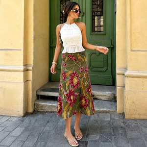 Falda midi de malla floral botánica con corte en A, cintura baja, estilo pintura al óleo francesa, vintage, estilo Hong Kong, favorecedora y casual. - Product Image 5
