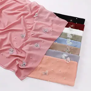 Islamic Spring Long Headscarf Muslim Chiffon Veil Hijab Butterfly Decoration Shawls Malay Fashion Tudung Bawal