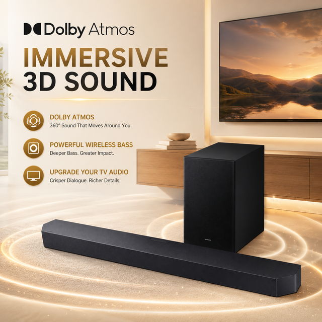 Three Star Dolby Atmos Soundbar 3.1.2 Channel with Wireless Bass, Immersive TV Audio, Home Theater Speaker System