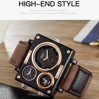 Reloj de Cuarzo Oulm 3595 para Hombre, Color Marrón Occidental, Correa de Tela Elegante, Cronógrafo Cuadrado, 2 Zonas Horarias, Decoraciones, Popular Kit de Reloj de Golf