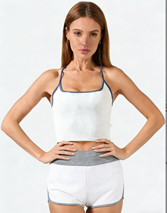 Ensemble 3 pièces : Crop top côtelé à bretelles + Short de yoga taille haute (Noir/Blanc/Orange) Respirant, taille élastique - Product Image 1