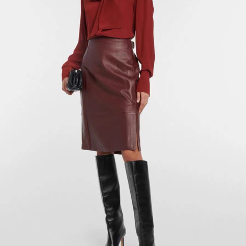 3404 New Design Stylish Elastic Waist Plain Mid Red Genuine Leather Skirt for Women