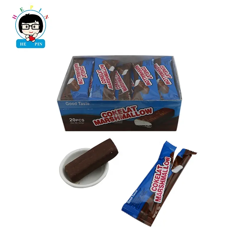 Hepin Wholesale 15g Good Taste Chocolate Coated Marshmallow Candy Biscuit For Kids