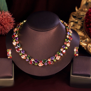 Bộ trang sức cưới đầy màu sắc Mona Lisa mạ vàng siêu sang trọng, gồm vòng cổ và bông tai zircon cubic dành cho nữ dự tiệc - Product Image 1