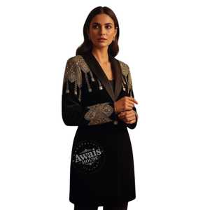 Luxury Design European Handmade Embroidered Embossed Bees Beading <b>Black</b> Velvet Mini <b>Dress</b> Women's Hooded Anti-Wrinkle Short - Product Image 3