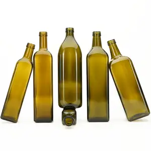 VISTA Food Grade 250Ml 500Ml 750Ml 1000Ml Square Antique Green Glass Bottle Olive Oil Glass Bottle With Screw Aluminum Cap