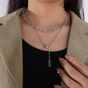 Collier double couche en acier inoxydable, pendentif géométrique irrégulier, chaîne de clavicule, bijoux en argent XL189 - Product Image 4