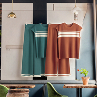 2025 nouvelle mode décontracté deux pièces ensemble ample contraste rayé sans manches haut et taille haute jambe large pantalon pour l'automne tricot