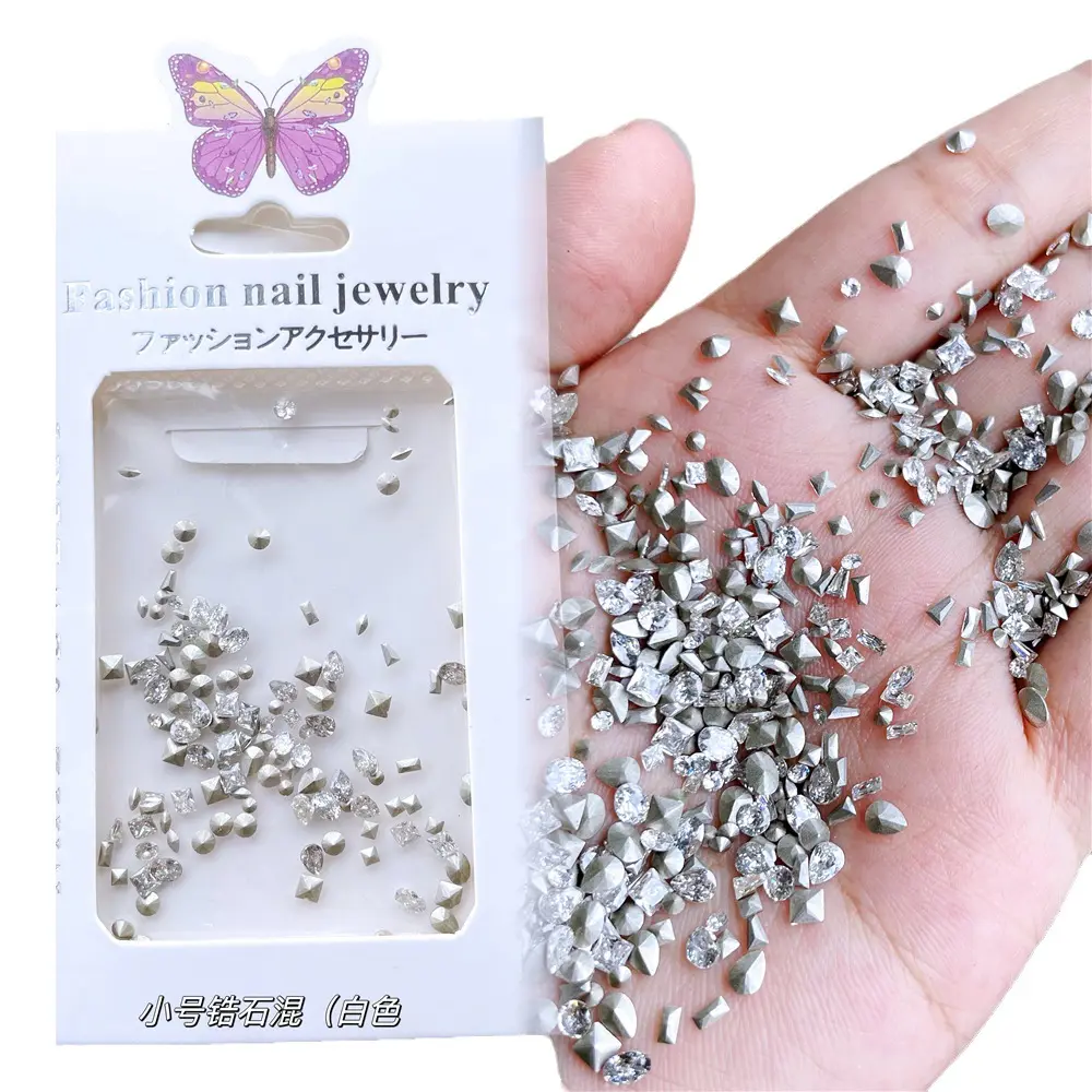 100 uñas mixtas mini uñas de diamante en forma de punta mini parte inferior ZIRCON plateado blanco mini pila diamante champán al por mayor