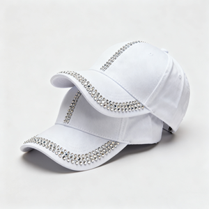 定制时尚花式闪亮白色水晶水钻棒球帽棉空白结构化棒球帽女性 - Product Image 1
