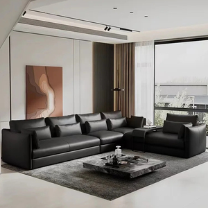 Italian Minimalist Black Jungle Leather Sofa with Top Layer Cowhide <strong>Living</strong> <strong>Room</strong> <strong>Corner</strong> Small <strong>Unit</strong> Down Row Sofa - Product Image 1