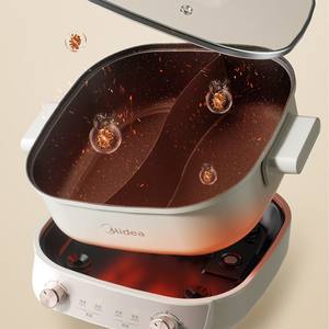 Sartén Eléctrica Midea de 4.1-6L, Cuadrada, con Revestimiento Antiadherente, Control Mecánico, Blanca, con Doble Compartimento - Product Image 1