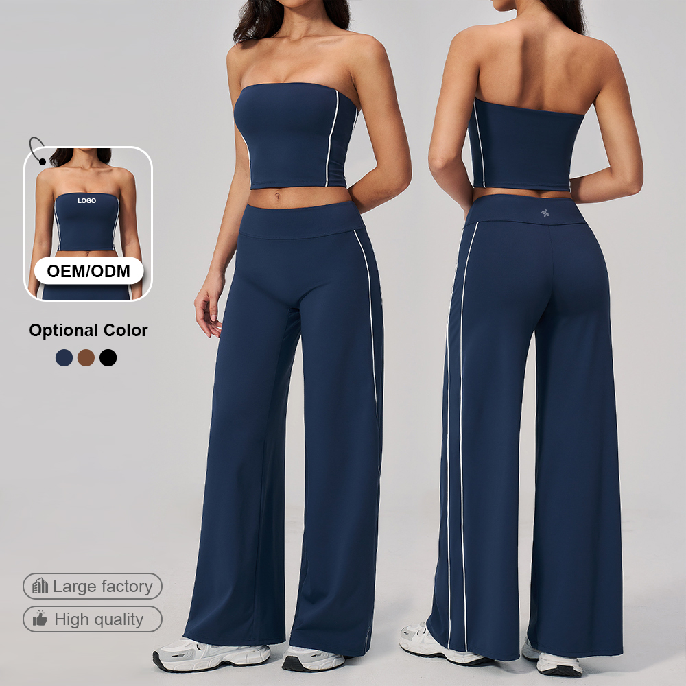 MIQI Custom High Waisted Wide Leg Yoga Pants Set Side Stripe Strapless Tube Crop Top 2 Piece Athletic Activewear Loungewear