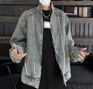 Blouson en jean pour <span class=keywords><strong>homme</strong></span>, hiver, style vintage américain, déstructuré, à franges effilochées, délavé, zippé, style urbain, vente en gros, logo personnalisé, haute qualité - Product Image 2