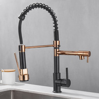 Robinet de cuisine flexible noir poli en acier inoxydable à double poignée, mitigeur chaud/froid avec douchette extractible et valve en céramique