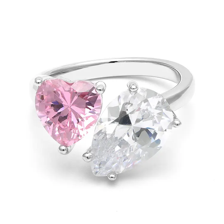 Cincin batu permata hati cinta merah muda ukuran besar kustom cincin berlian pernikahan tunangan lapisan Platinum dapat disesuaikan zirkonia 5A